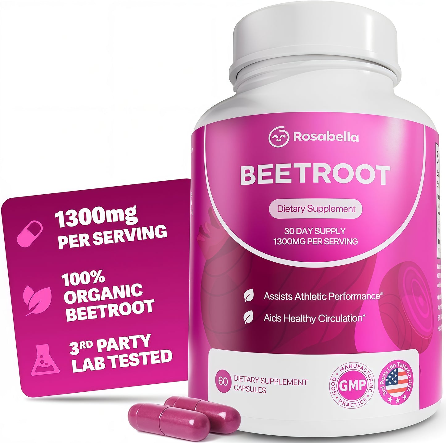 Rosabella Organic Beet Root Capsules - 1300mg Beet Root Powder Aids Healthy Circulation & Vitality, Non-GMO, Beet Root Supplement - 120 Capsules, 60-Day Supply