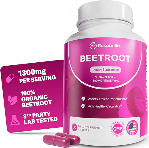 Rosabella Organic Beet Root Capsules - 1300mg Beet Root Powder Aids Healthy Circulation & Vitality, Non-GMO, Beet Root Supplement - 120 Capsules, 60-Day Supply
